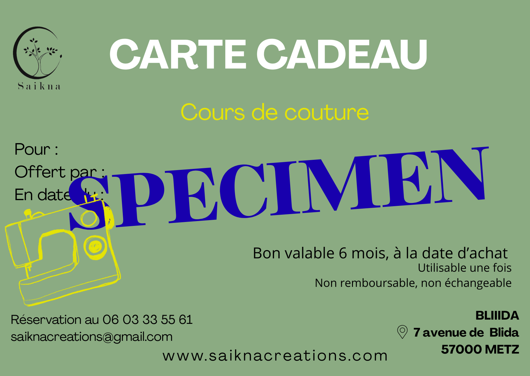 Carte cadeau - Cours de couture de 2 h